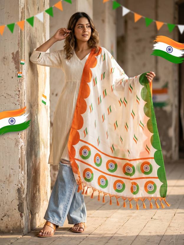 Varanga Cotton Blend Printed White Women Dupatta