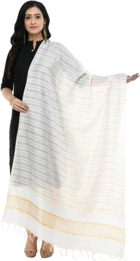 LinenIndia Khadi Cotton, Linen Blend Woven White Women Dupatta
