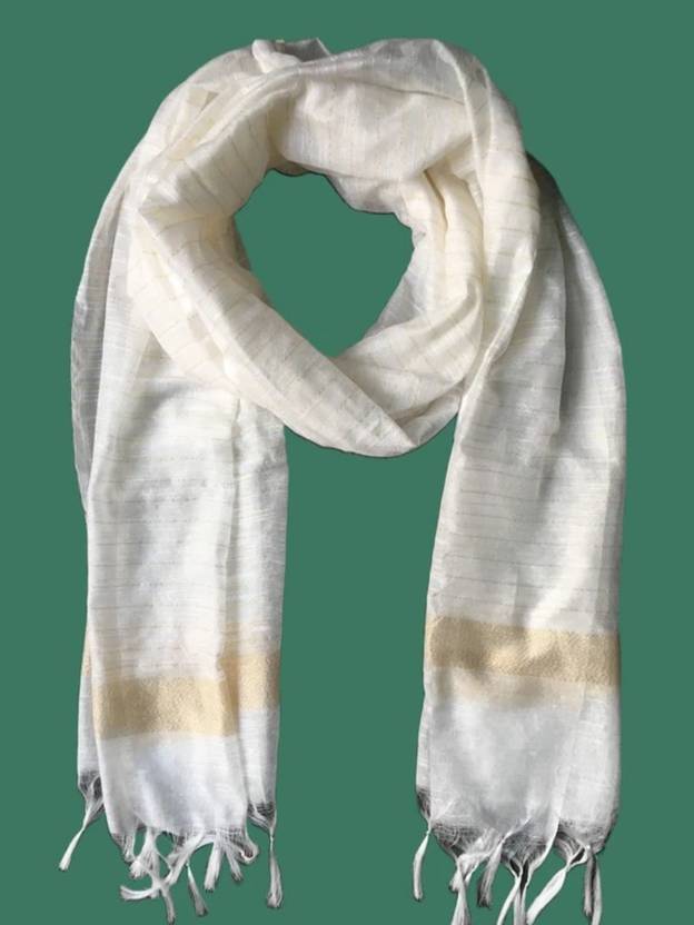 LinenIndia Khadi Cotton, Linen Blend Woven White Women Dupatta