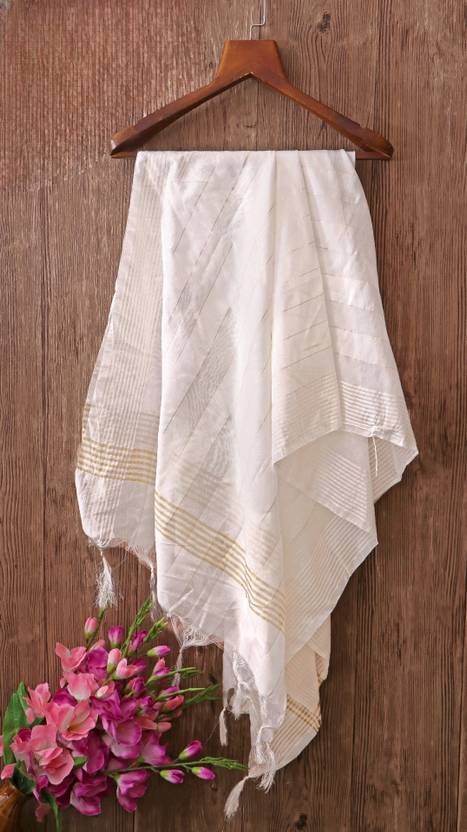Nylon Embellished, Self Design, Striped White Women Dupatta