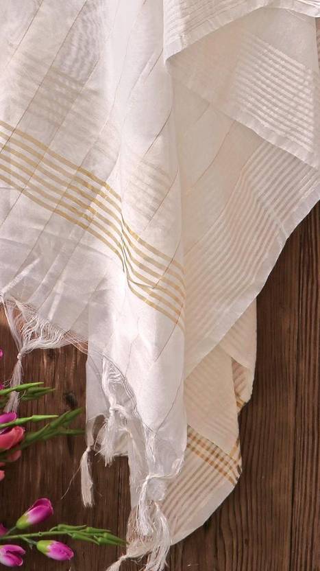 Nylon Embellished, Self Design, Striped White Women Dupatta