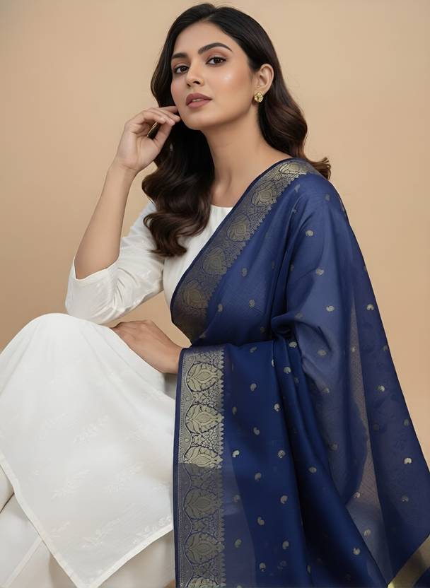 MUFFLY Silk Blend Woven Blue Women Dupatta