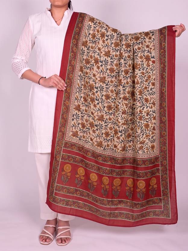 AHIKA Cotton Blend Printed Beige Women Dupatta