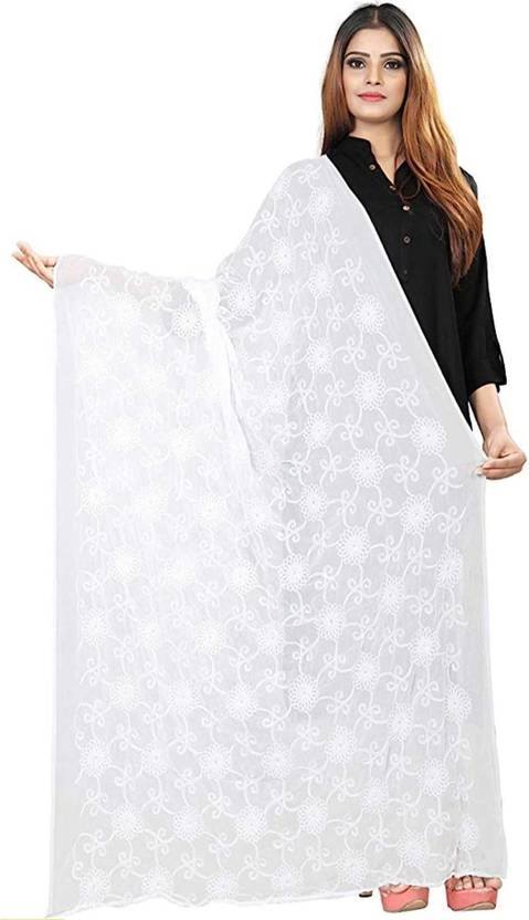 VaIdehi Chiffon Embroidered White Women Dupatta