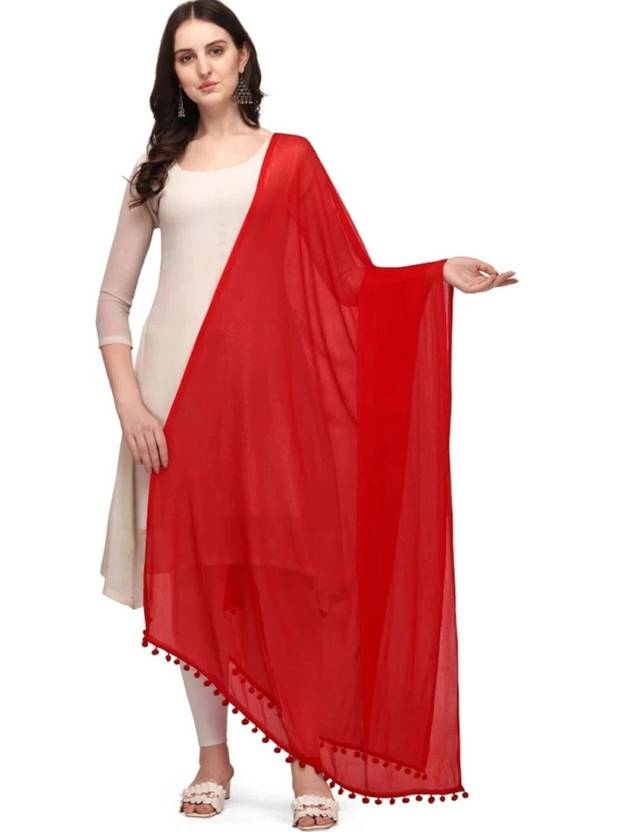 VaIdehi Chiffon Solid Red Women Dupatta