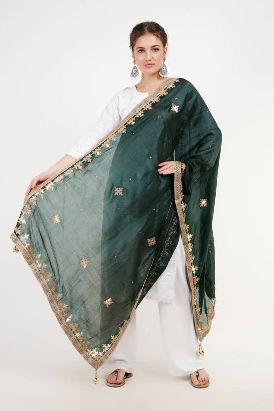 KARTHAV FASHION Art Silk Self Design Green Women Dupatta