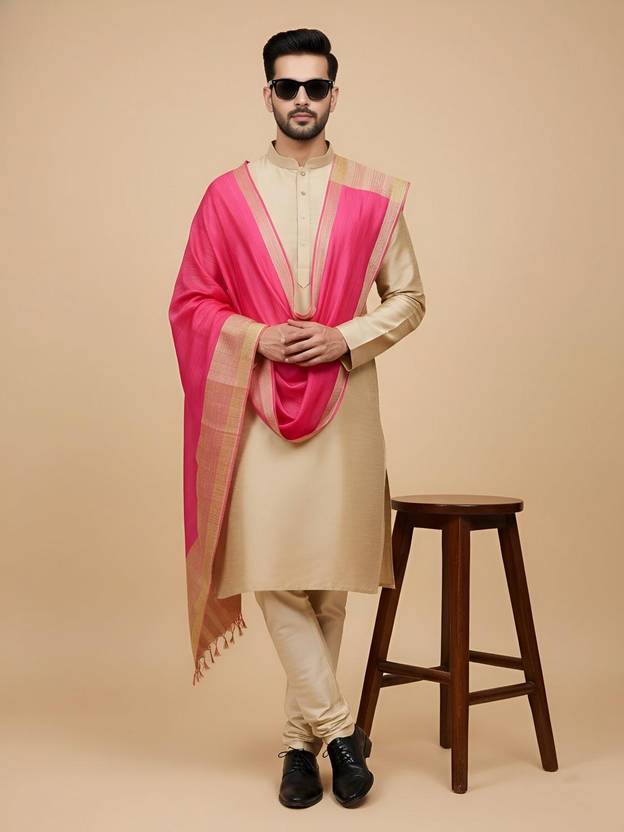 MUFFLY Cotton Silk Solid Pink Men Dupatta