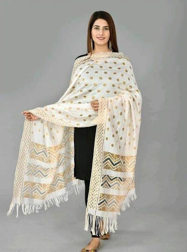 Ratan creation Jacquard, Polycotton Self Design White Women Dupatta