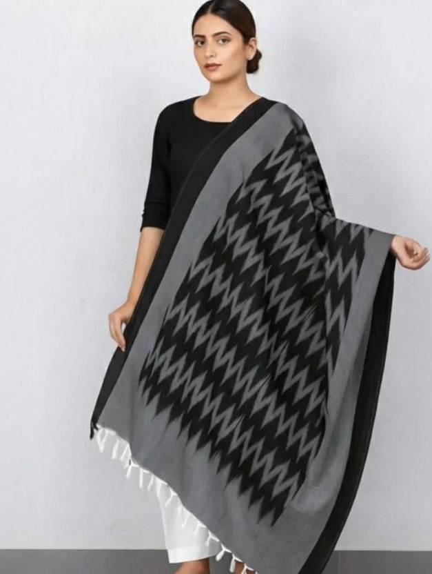 LinenIndia Pure Cotton Woven, Printed Black Women Dupatta