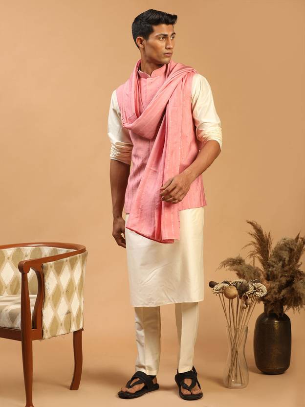 VASTRAMAY Cotton Blend Embroidered Pink Men Dupatta