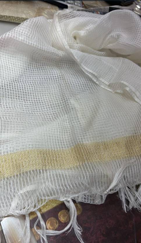 LinenIndia Khadi Cotton, Linen Blend Woven White Women Dupatta
