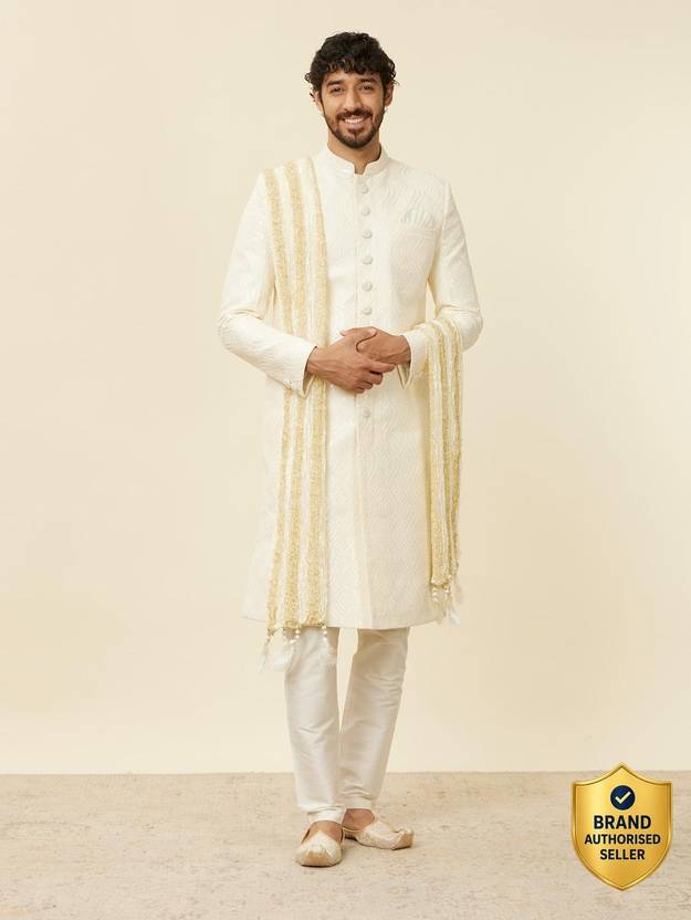 MANYAVAR Art Silk Self Design White Men Dupatta