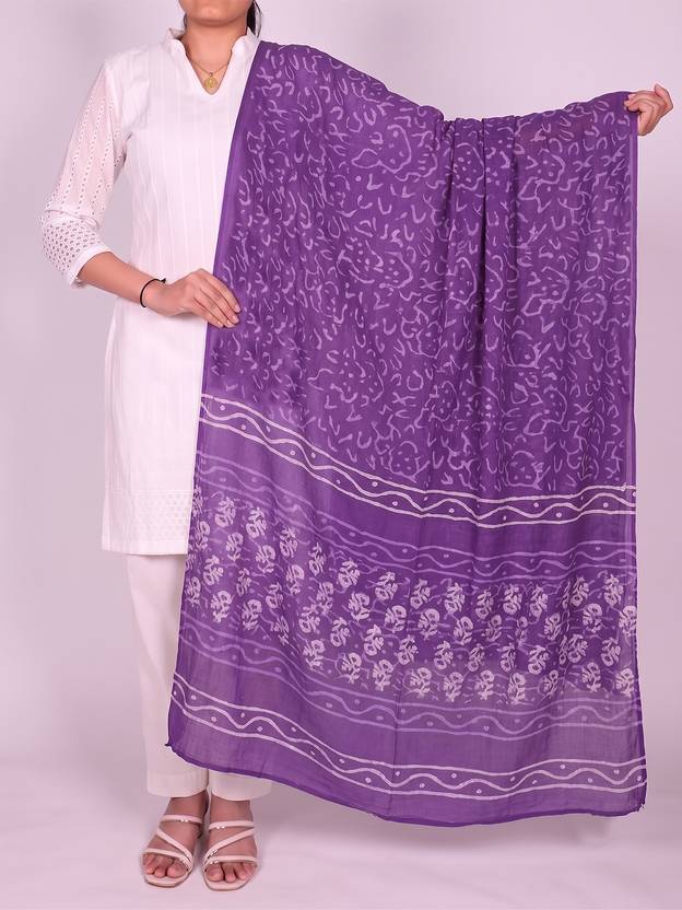 AHIKA Cotton Blend Printed Purple Women Dupatta