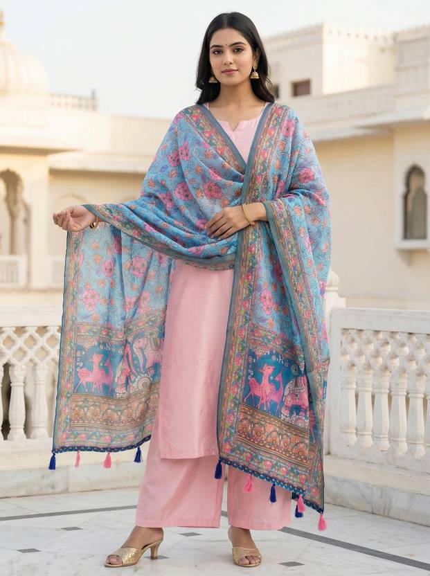 kaizen texo fab Cotton Blend, Linen Blend Printed Multicolor, Light Blue Women Dupatta