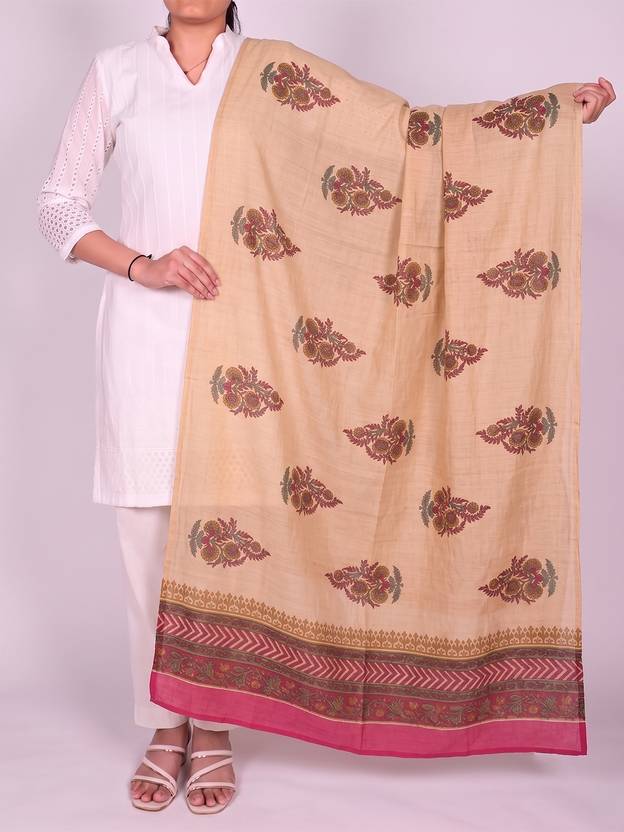 AHIKA Cotton Blend Printed Beige Women Dupatta