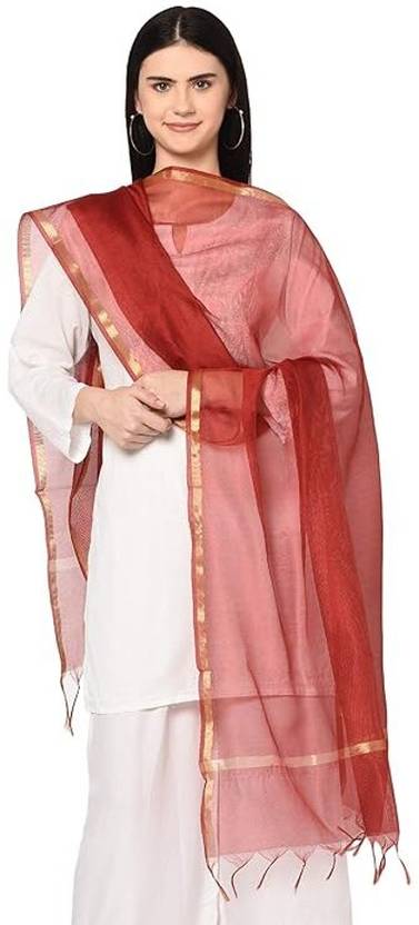 KRAFTLAY Organza Self Design Red Women Dupatta