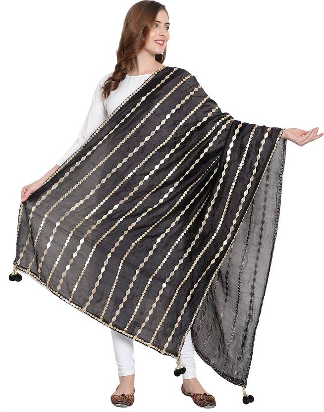 KARTHAV FASHION Art Silk Self Design Black Women Dupatta