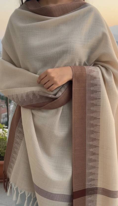 LinenIndia Khadi Cotton, Cotton Blend Woven Beige Women Dupatta