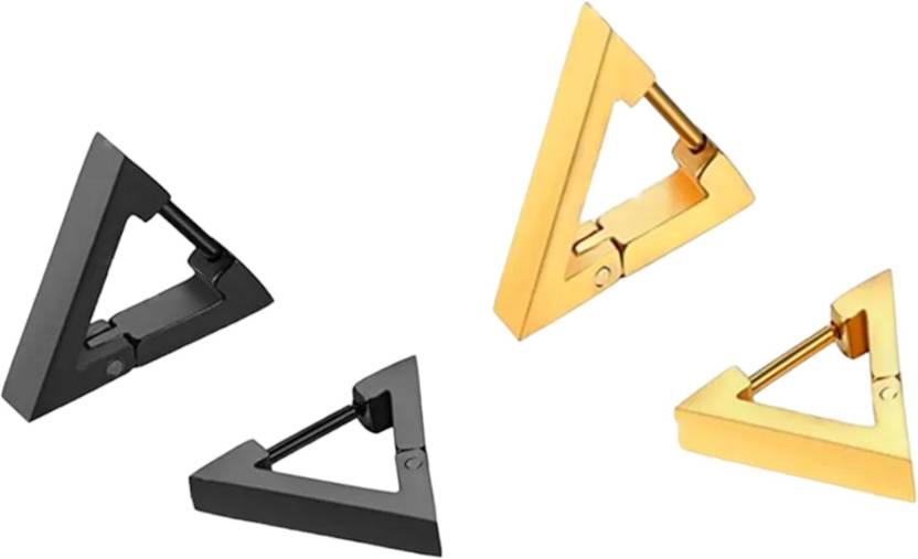 Harvik Pack of 2 Pairs Combo Gold Black Triangle Shaped Push Back Earrings For Men Boys Stainless Steel Hoop Earring, Huggie Earring, Plug Earring, Stud Earring, Earring Set