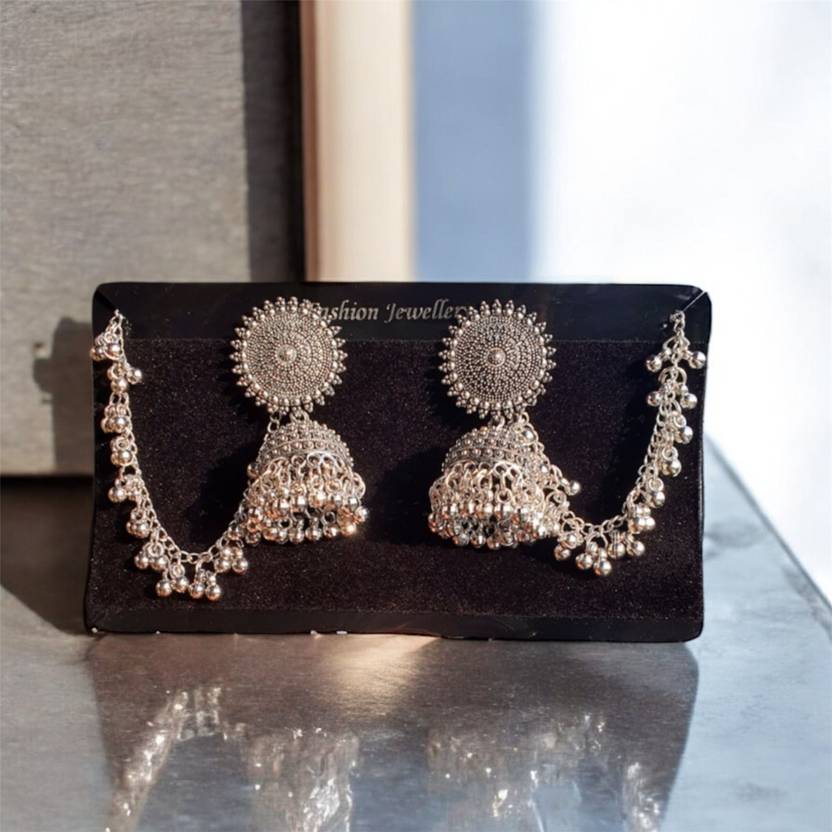 Zenzivo Jewels oxidised Bahubali Jhumka Earrings hair Chain Alloy Jhumki Earring