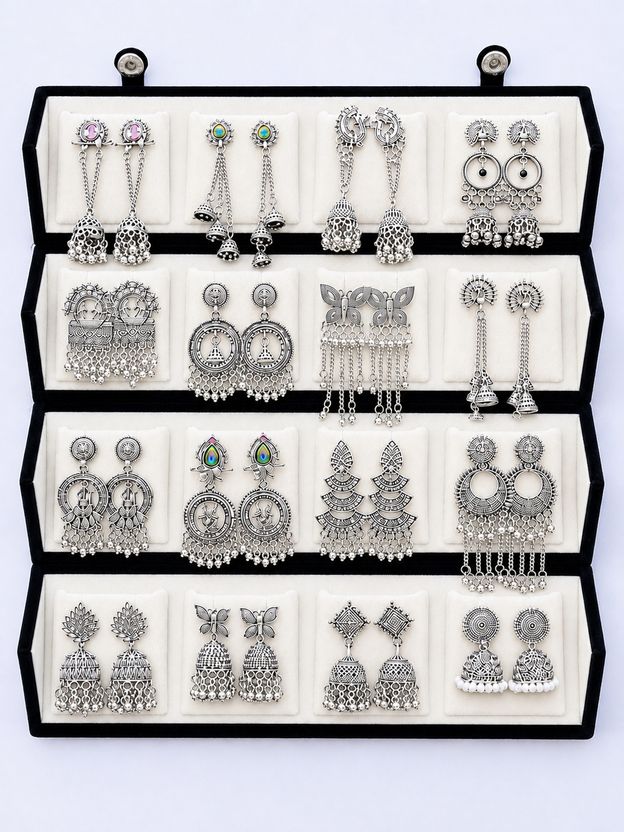 Heerrana Viral 16 Pair Oxidised Earring Set - Image 1