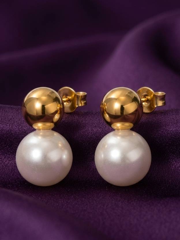 RACHIVA 18K Gold Plated Pearl Ball Drop Stud Earrings Pearl Stainless Steel Stud Earring
