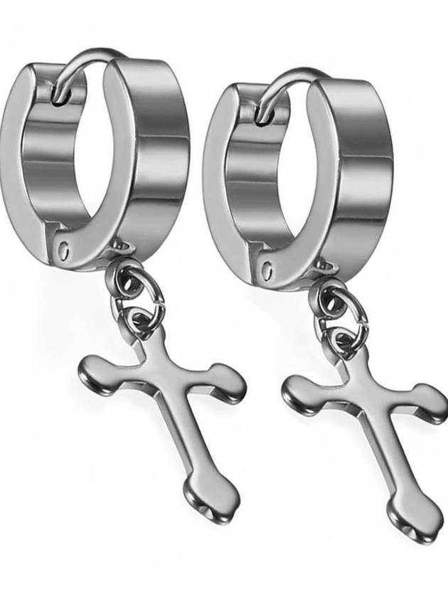 VIEN, Latest Design Metal Jesus Cross Piercing Stainless Steel Huggie Earrings For Mens Boys Womens Girls (silver ) Metal Huggie Earring