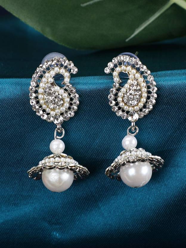 Anika's Creation Silver Tone AD Studded Carry Jhumka Earring With Pearl Drop_ANIK Cubic Zirconia Brass Jhumki Earring