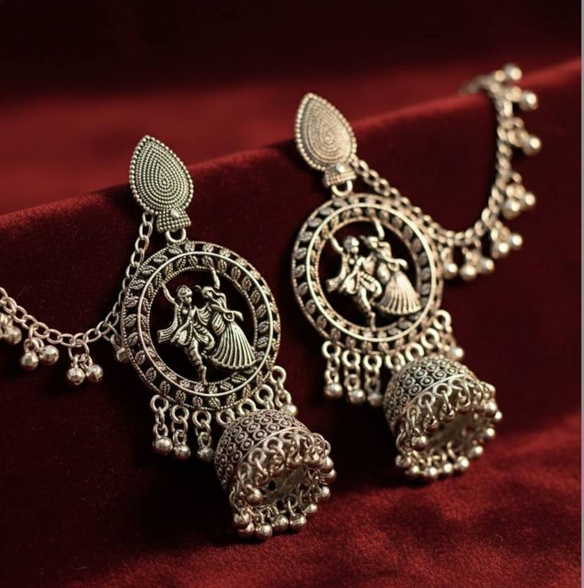 Aadya Collections Antique Oxidized Silver Radha Krishna Jhumka Earrings with Detachable Ear Chains Alloy Jhumki Earring