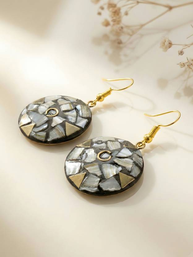 Adiva Gold Plated Round Shape Grey Stone Studded Casual Wear Dangler Earrings Brass Drops & Danglers