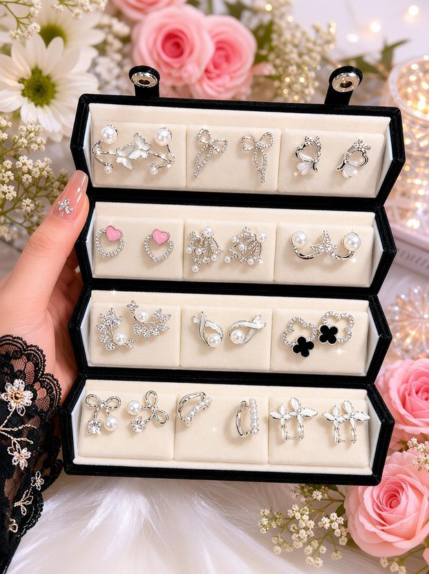 Aurnique Oxidised Korean Pearl & Crystal Stud Earrings - Image 1
