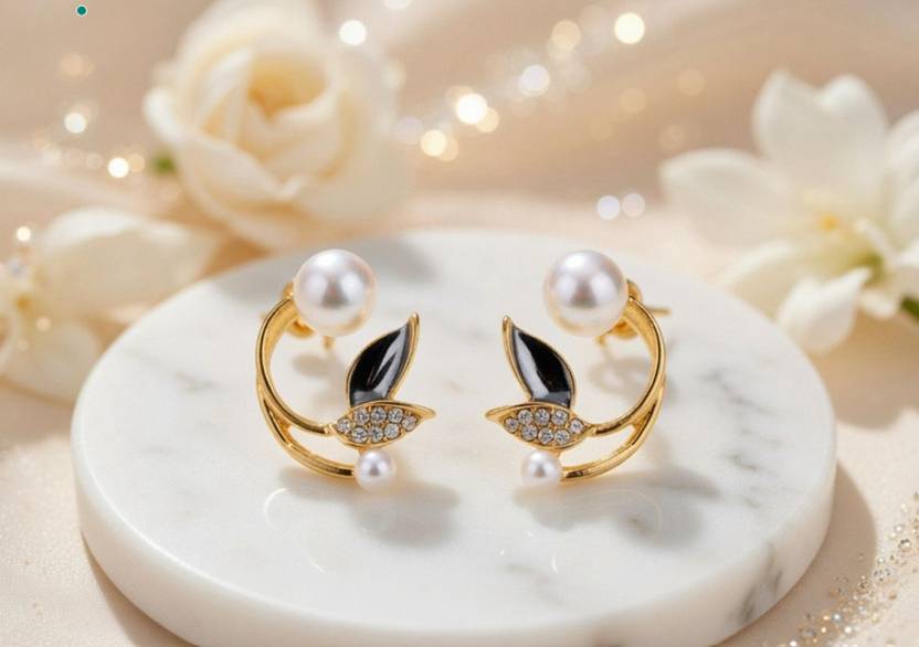 BellaArte Elegant Pearl & Crystal Leaf Stud Earrings Alloy Stud Earring