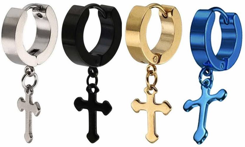 VIEN, Jesus Cross Piercing Earrings For Mens Boys Stainless Stylish Earring ! SILVER / BLUE / BLACK / GOLD Metal Huggie Earring