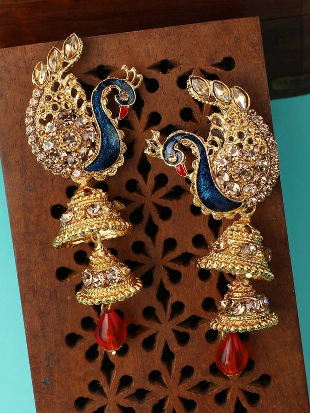 Anika's Creation Traditional Peacock Shape LCT Stone Studded 2 Floor Jhumka Earring_ANIK Cubic Zirconia Brass Jhumki Earring