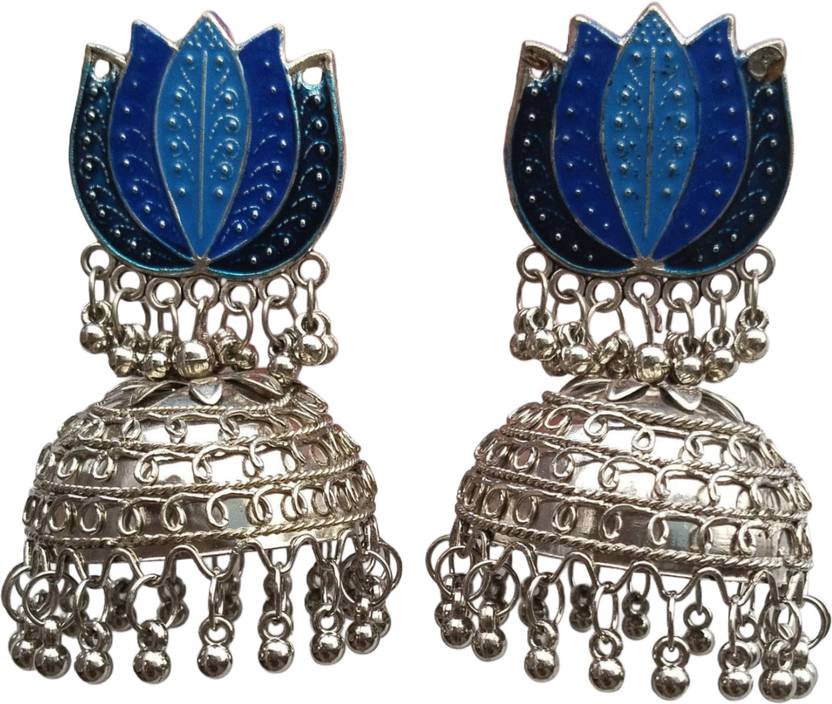 AMU Enterprises AMU Enterprises Oxidised Lotus Meenakari Ghungroo Jhumka Earrings German Silver Jhumki Earring