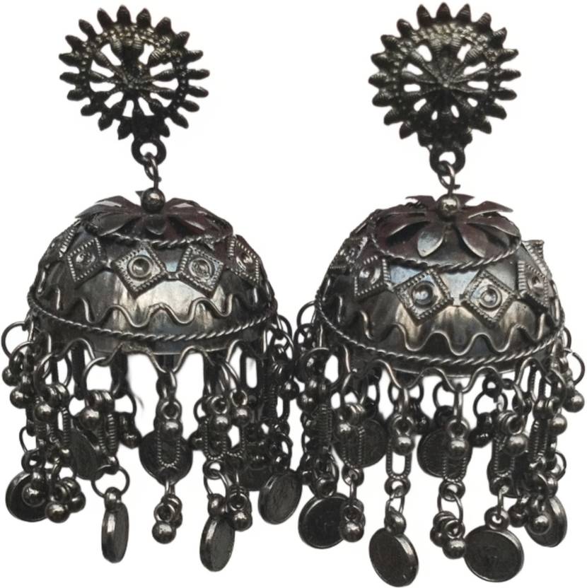 AMU Enterprises AMU Enterprises Black Polish Oxidised Jhumki Earrings for Women Festive German Silver Jhumki Earring