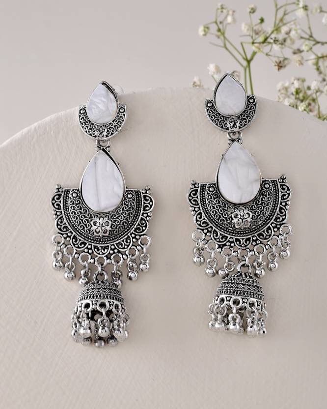 Silver Half Moon Jhumka Earrings with Intricate Design