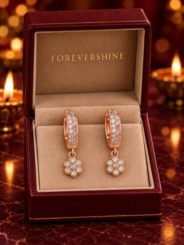 forevershine Rose Gold Plated CZ Hoop Drop Earrings with Floral Charm Pendant Cubic Zirconia Alloy Hoop Earring