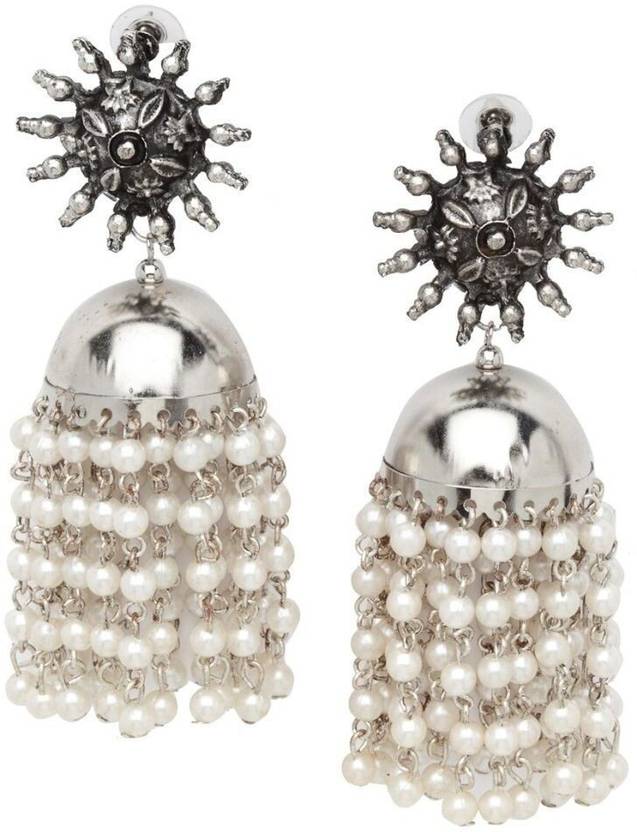 ANAMIKA Silver Oxidised Big Earrings with Pearl, Afghani Long Tassel Sun Shape Jhumka Alloy Jhumki Earring