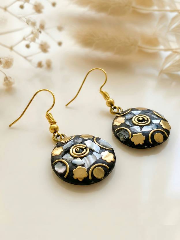 Adiva Gold Plated Round Shape Grey Stone Studded Casual Wear Dangler Earrings Brass Drops & Danglers