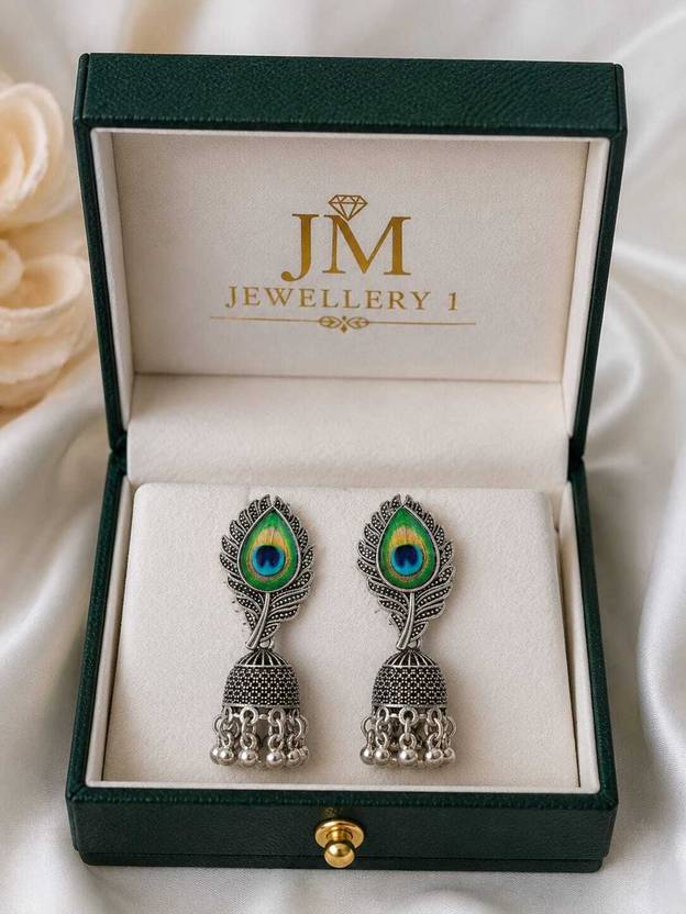Kailashkum PIMEGA Oxidised Silver Peacock Feather Jhumka Earrings Alloy Jhumki Earring, Drops & Danglers