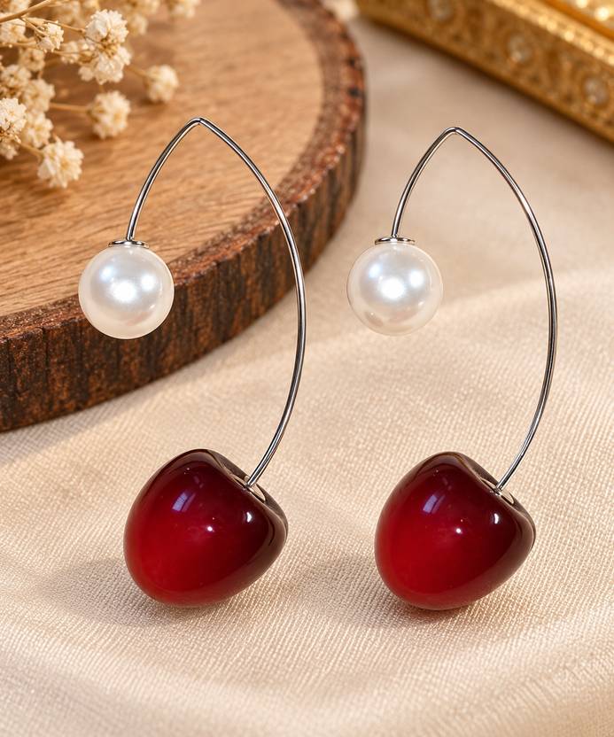 Amulaya Traders Elegant Red Heart Pearl Drop Earrings Alloy Drops & Danglers
