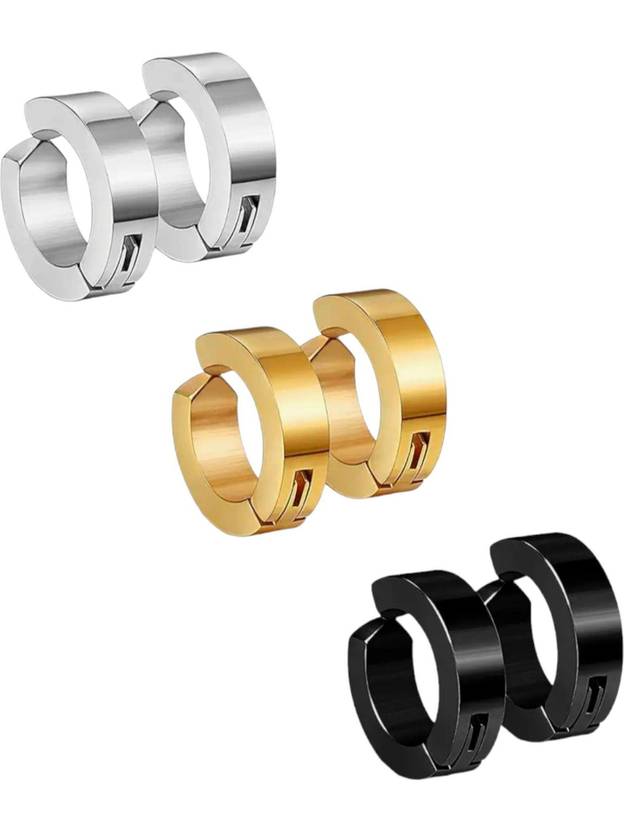Harvik Pack of 3 Pairs Earring Combo Silver Golden Black Non Piercing Bali For Men Boys Stainless Steel Clip-on Earring, Huggie Earring, Stud Earring, Earring Set