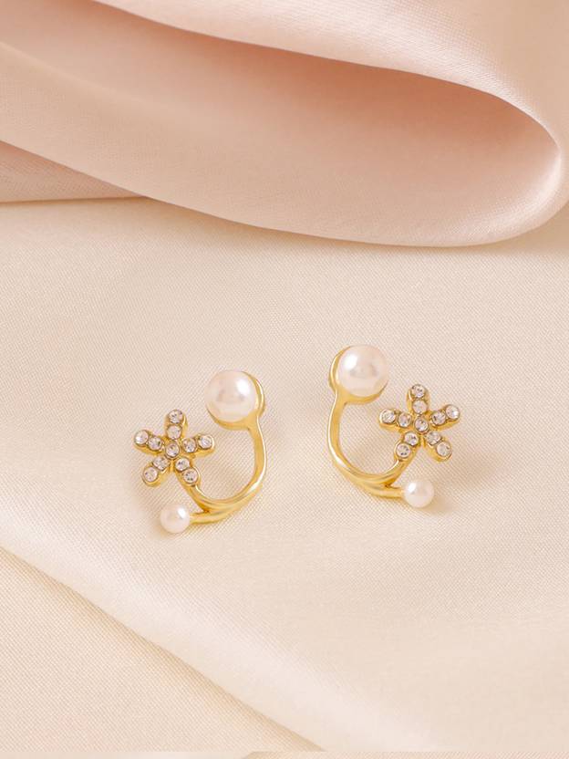 YELLOW CHIMES Ear Cuff Jacket Gold Plated Floral Shaped Women Earrings Pearl Zinc Stud Earring