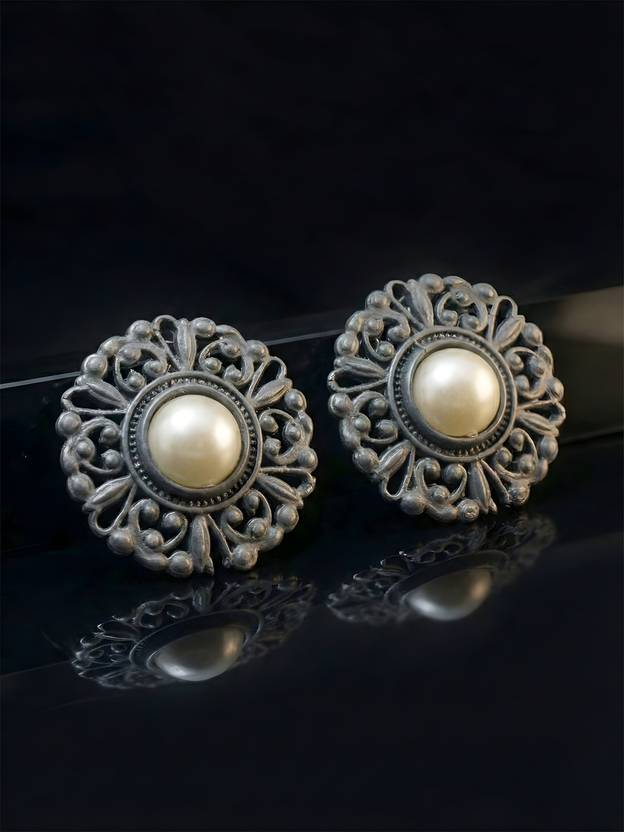 Adiva Oxidised Silver-Toned Pearl Embellished Floral Stud Earrings Alloy Stud Earring