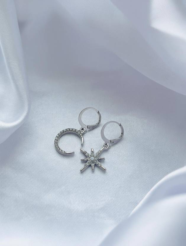 Jewelsbysirani Stylish Trendy Mismatch Silver Moon Star Earrings For Women And Girls Glass Hoop Earring