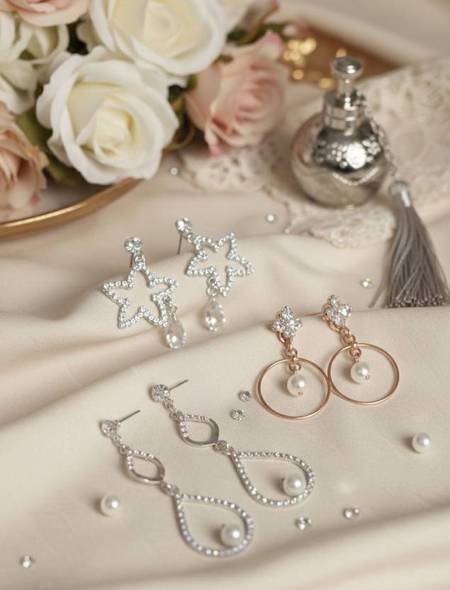 Aadya Collections set of 3 Pearl hoop earrings, Rose gold floral jewelry, Crystal flower dangles Alloy Hoop Earring, Tassel Earring, Plug Earring