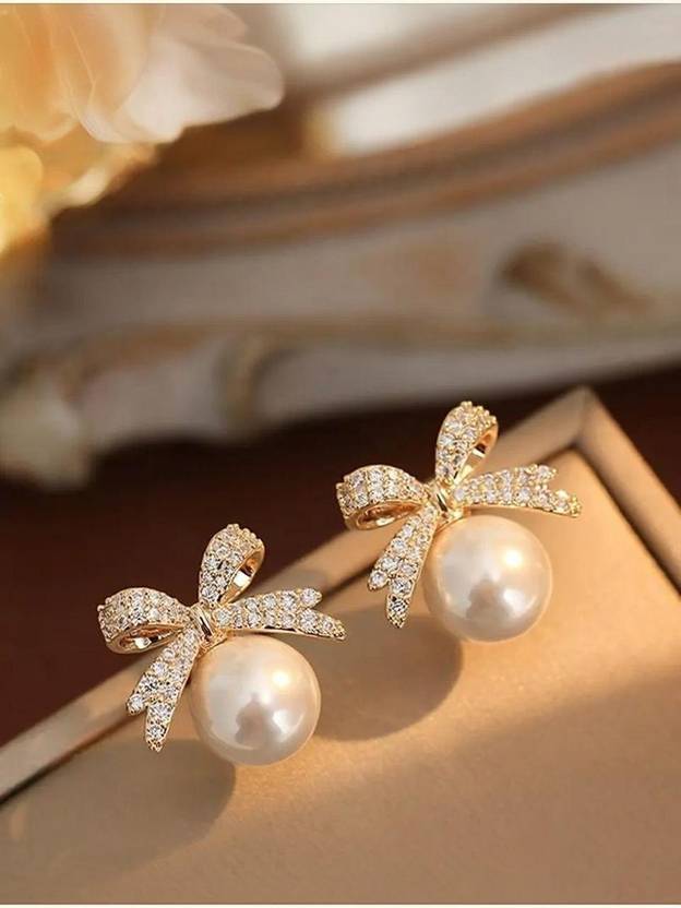 FashionAmora Korean Gold-Plated Bow Shaped Pearl Stud Earrings Alloy Stud Earring
