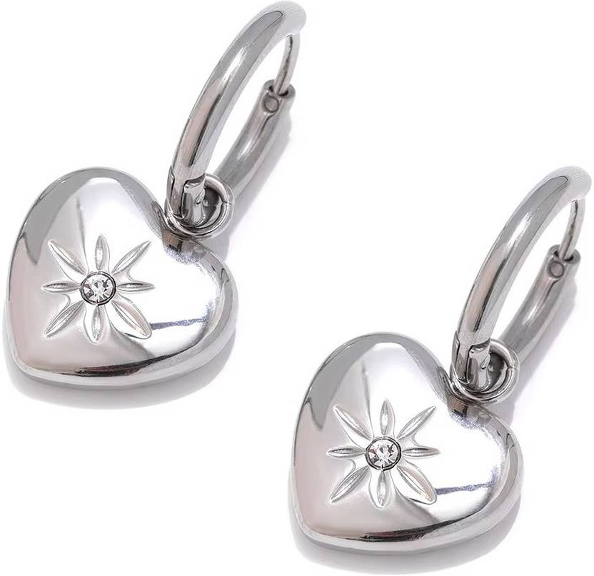 Diving Swan Aarohi Starburst Heart Hoops - Platinum Stainless Steel Hoop Earring