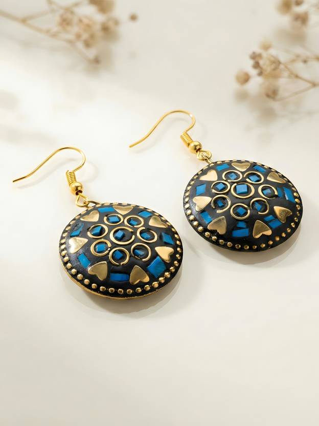 Adiva Gold Plated Round Shape Blue Stone Studded Casual Wear Dangler Earrings Brass Drops & Danglers